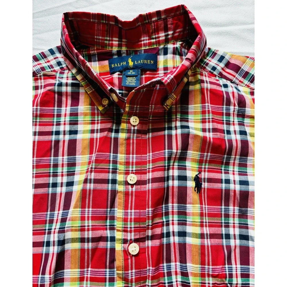 Boy's Ralph Lauren Medium 10/12 Red Yellow Navy Black Plaid Long Sleeve‎ Shirt